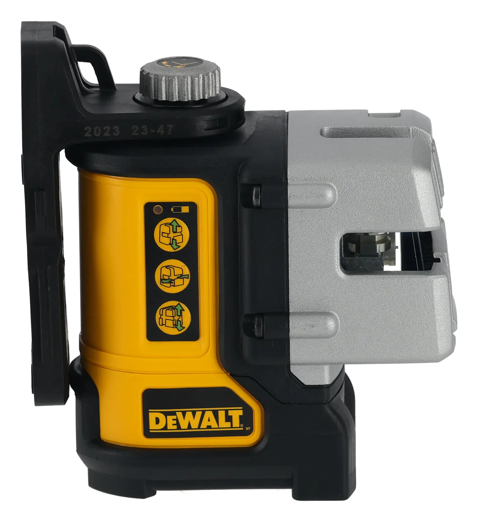 Vista lateral de un nivel láser de líneas cruzadas autonivelante verde DEWALT DW089CG, mostrando su panel de control y construcción resistente, utilizado para nivelación y alineación precisas en tareas de construcción y fotografía.