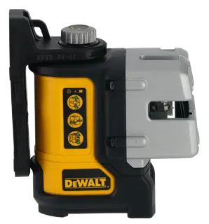 Vista lateral de un nivel láser de líneas cruzadas autonivelante verde DEWALT DW089CG, mostrando su panel de control y construcción resistente, utilizado para nivelación y alineación precisas en tareas de construcción y fotografía.