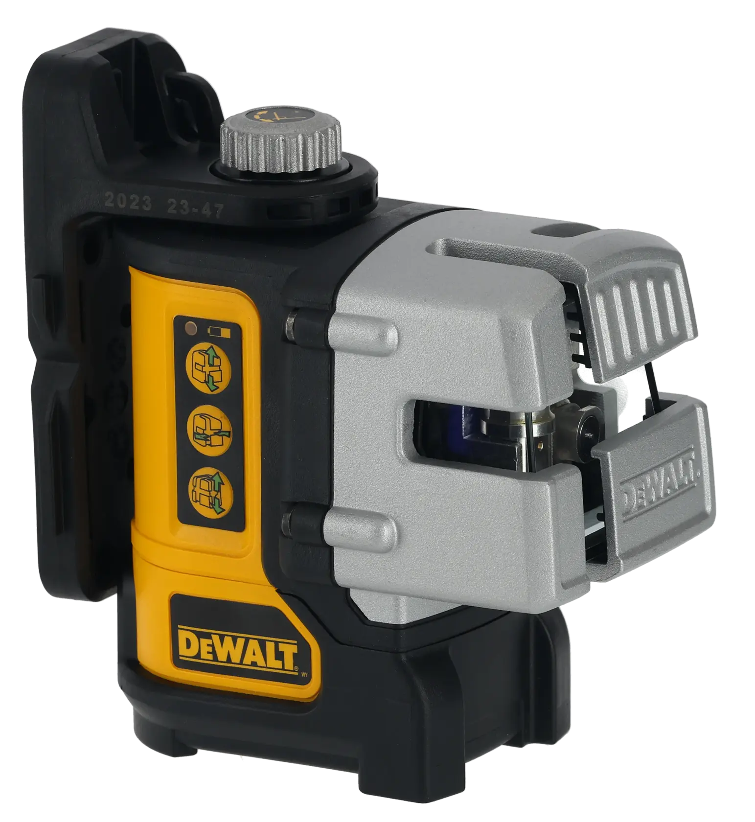 Nivel láser de líneas cruzadas autonivelante verde DEWALT DW089CG, con un cuerpo resistente en amarillo y negro, botones de control y un soporte para una alineación precisa en aplicaciones de construcción o fotografía.