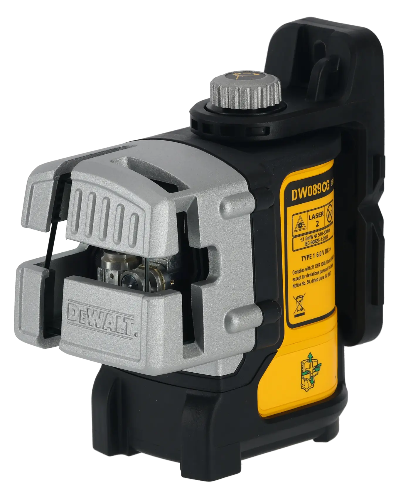 Un dispositivo nivelador láser de línea cruzada verde DEWALT DW089CG con una carcasa robusta de color gris y negro que incluye etiquetas amarillas de advertencia e instrucciones en el costado, utilizado normalmente para mediciones precisas y nivelación en construcción y fotografía.