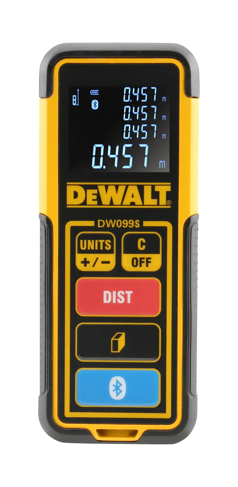 Un medidor de distancia láser DEWALT DW099S con carcasa amarilla y negra, pantalla digital que muestra mediciones y varios botones, incluyendo unidades, apagado, distancia y funciones de Bluetooth.