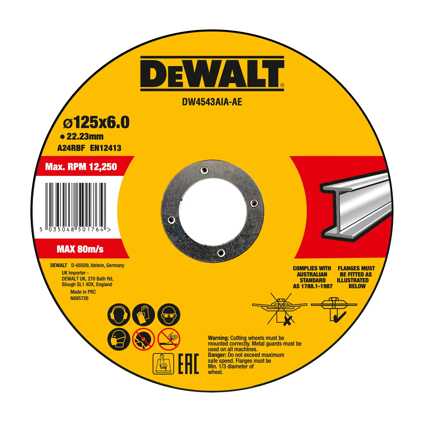 Foto de disco de corte DEWALT DW4543AIA, DW4543AIA-AE, etiqueta amarilla, RPM máx 12,250, especificaciones, fondo blanco.