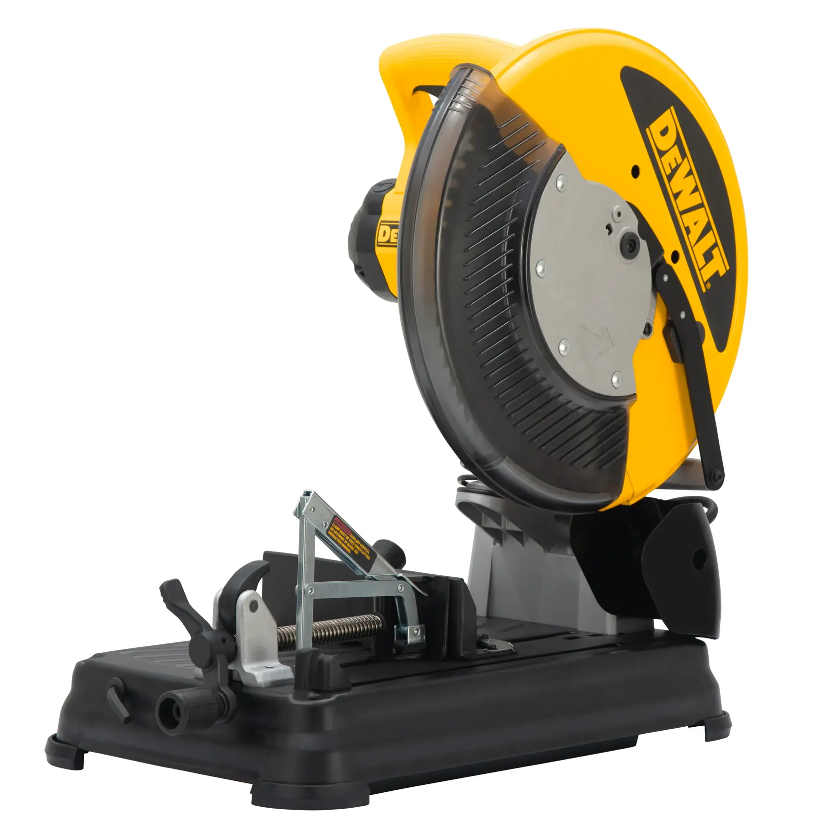 Une scie à onglet DEWALT avec un boîtier jaune, utilisée pour couper du métal et d'autres matériaux. La scie comporte une lame circulaire, une poignée et une base noire robuste avec une pince pour fixer les matériaux. Le câble d'alimentation est visible sur le côté gauche.