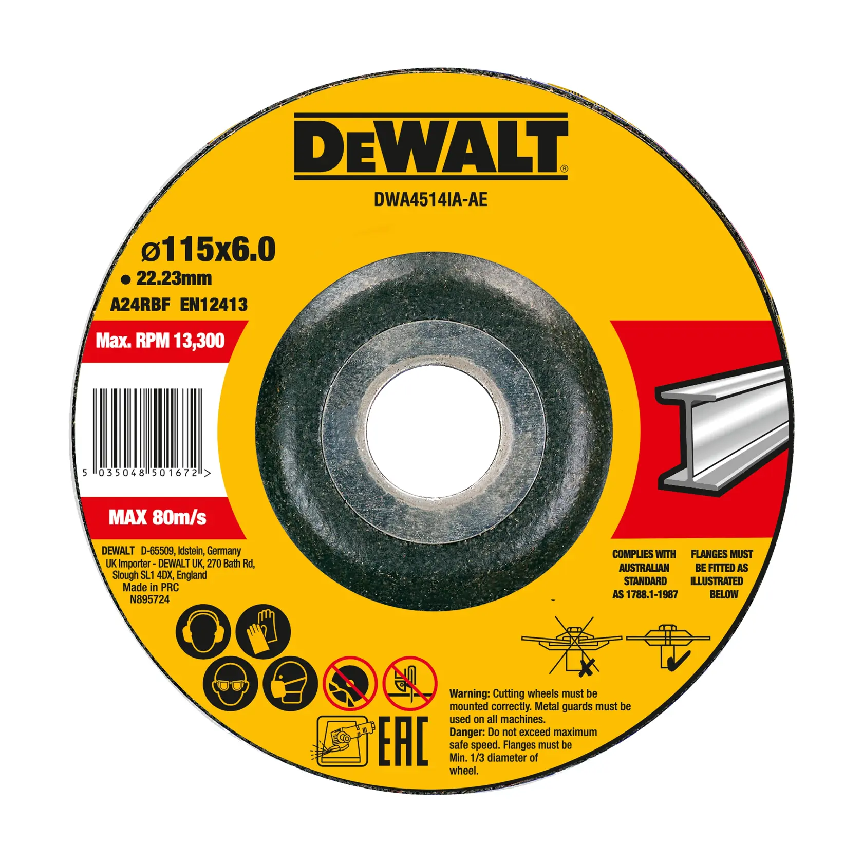 Disco de corte DEWALT fotografía, diseño amarillo negro, SKUs DWA4514IA-AE, DWA4514IA.