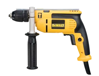 Taladro eléctrico DEWALT amarillo con mango lateral sobre fondo blanco.
