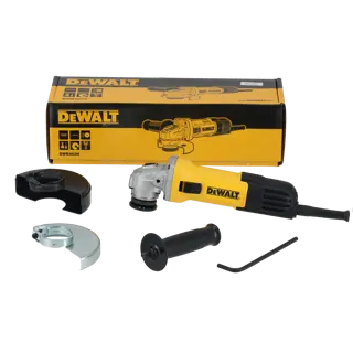 Kit de amoladora angular DEWALT DWE4036, que muestra la amoladora amarilla y negra, accesorios de protección, mango auxiliar, llave y caja de la marca en el fondo.