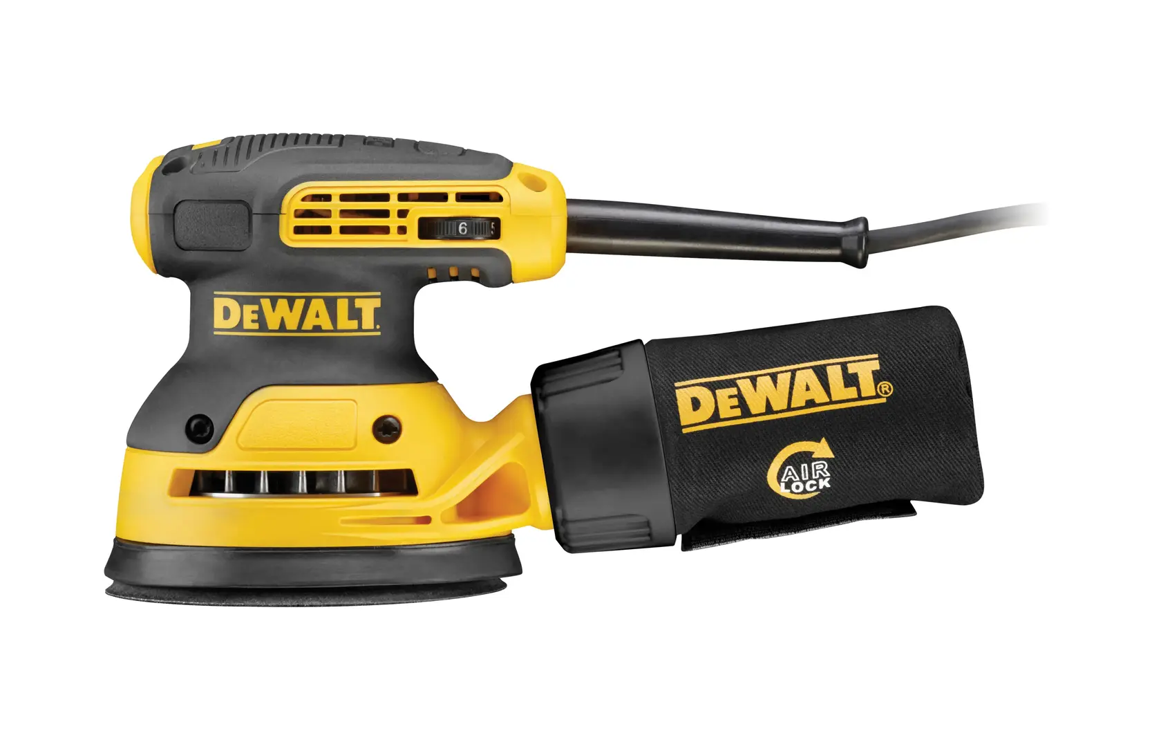 Foto de la lijadora orbital DEWALT DWE6423 amarilla y negra con bolsa de polvo, vista lateral fondo blanco.