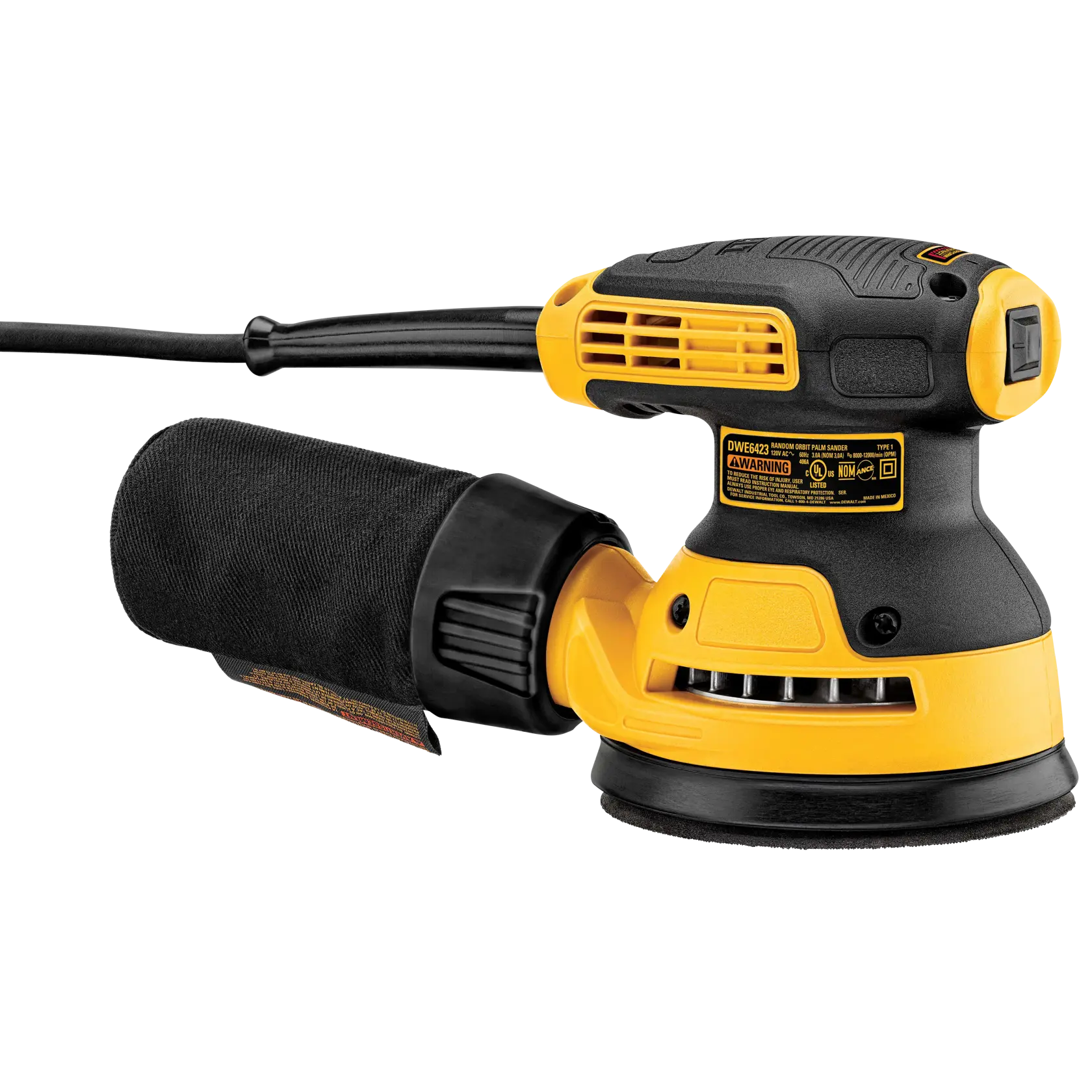 Una lijadora orbital eléctrica aleatoria DEWALT, modelo DWE6423, mostrada en negro y amarillo, con un cable de alimentación conectado. La lijadora tiene un dial de control de velocidad visible y está diseñada para acabados de lijado suaves.