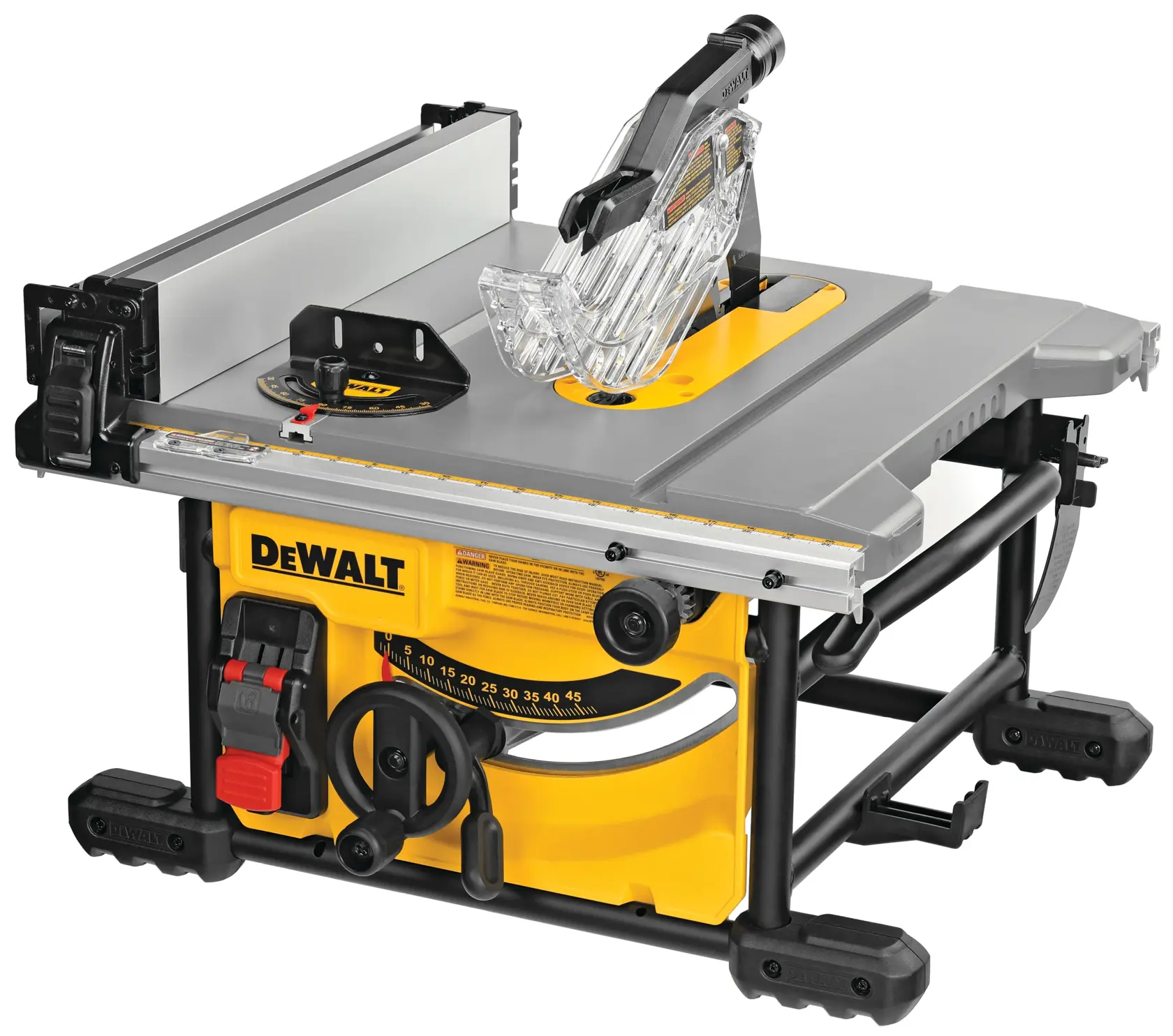 Sierra circular eléctrica de mesa de la marca DEWALT con una base amarilla y negra, medidor ajustable y protector de hoja transparente. La sierra está diseñada para cortar madera y está montada sobre una estructura resistente.