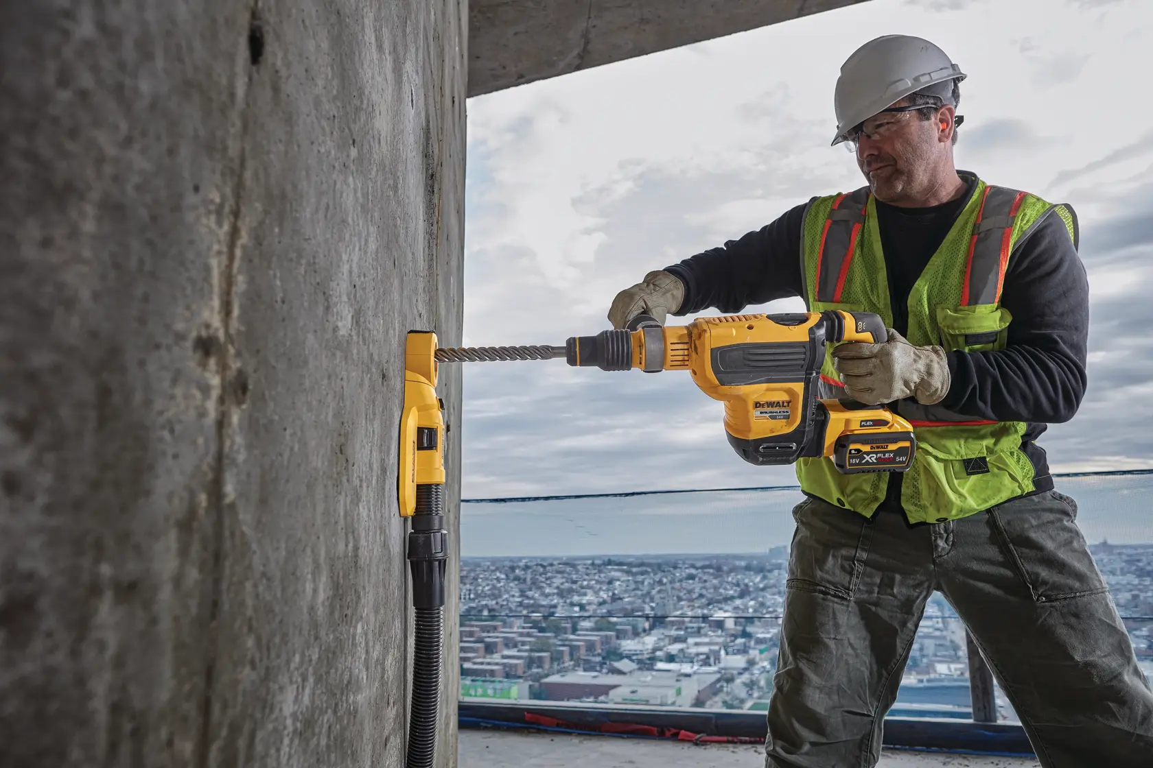 DEWALT DWH050 drill dust extraction attachment kit with black carrying case and yellow accessories, including the main dust shroud, side handle collar, rods, and adapter.