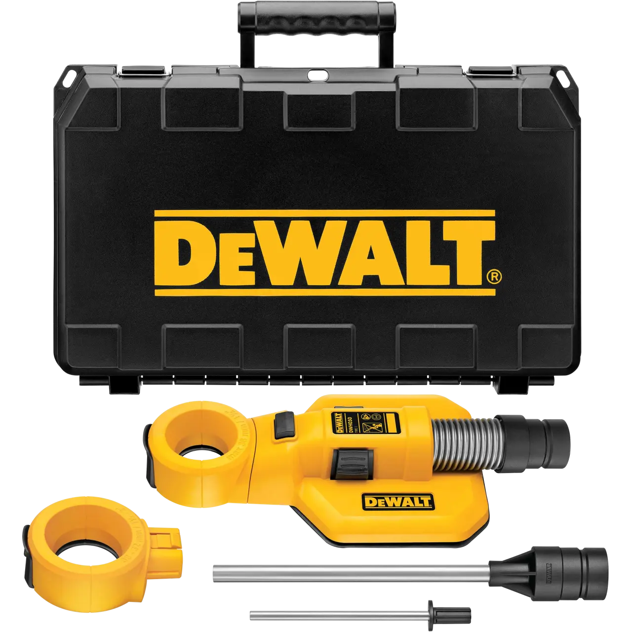 Kit de accesorio extractor de polvo para taladro DEWALT DWH050 con estuche de transporte negro y accesorios amarillos, que incluye la cubierta principal para polvo, collar de mango lateral, varillas y adaptador.