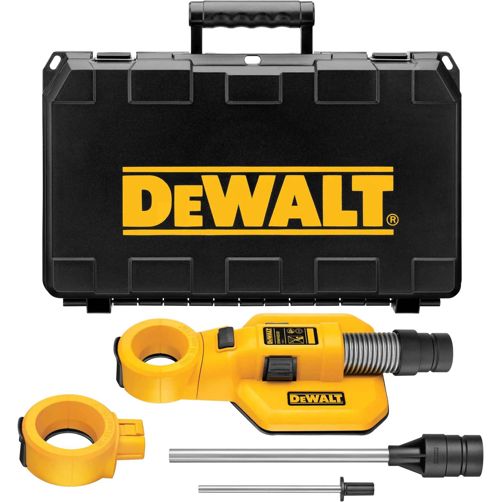 Kit de accesorio extractor de polvo para taladro DEWALT DWH050 con estuche de transporte negro y accesorios amarillos, que incluye la cubierta principal para polvo, collar de mango lateral, varillas y adaptador.
