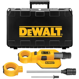 Kit de accesorio extractor de polvo para taladro DEWALT DWH050 con estuche de transporte negro y accesorios amarillos, que incluye la cubierta principal para polvo, collar de mango lateral, varillas y adaptador.