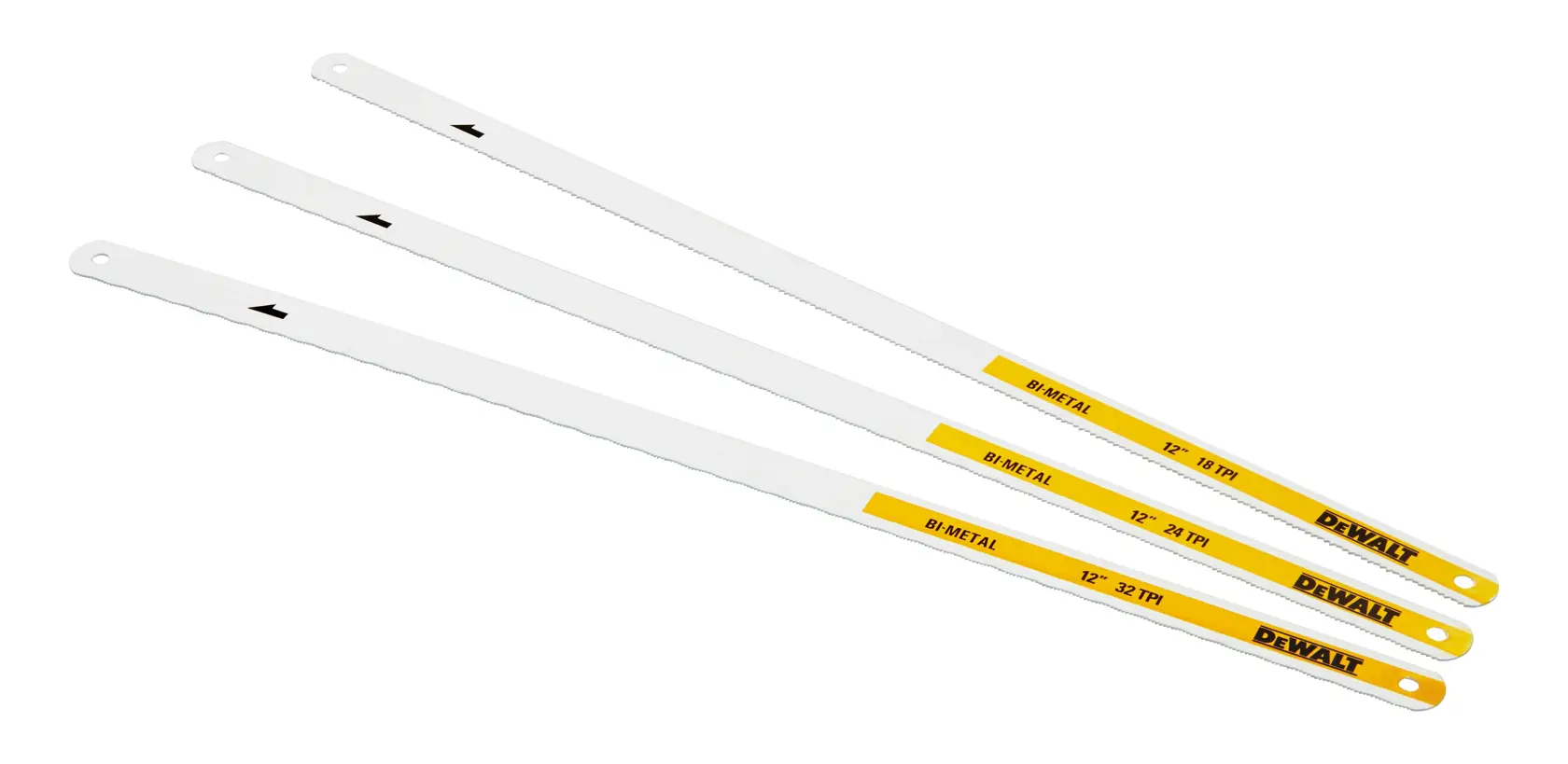 Tres hojas de sierra bimetálicas DEWALT de 12 pulgadas, amarillas y blancas, sobre fondo blanco.