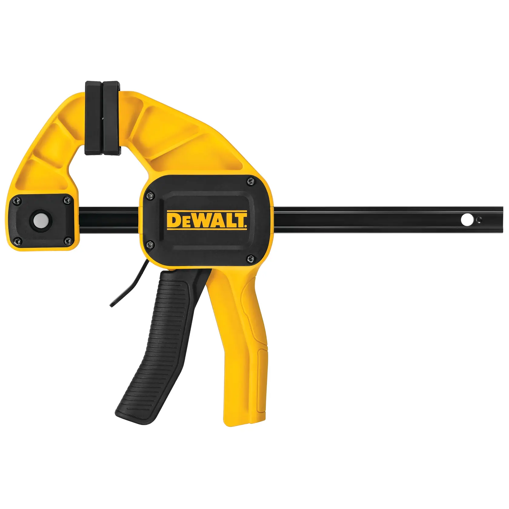 Pinza de gatillo DEWALT amarilla y negra con mango y mordaza móvil para sujetar materiales.