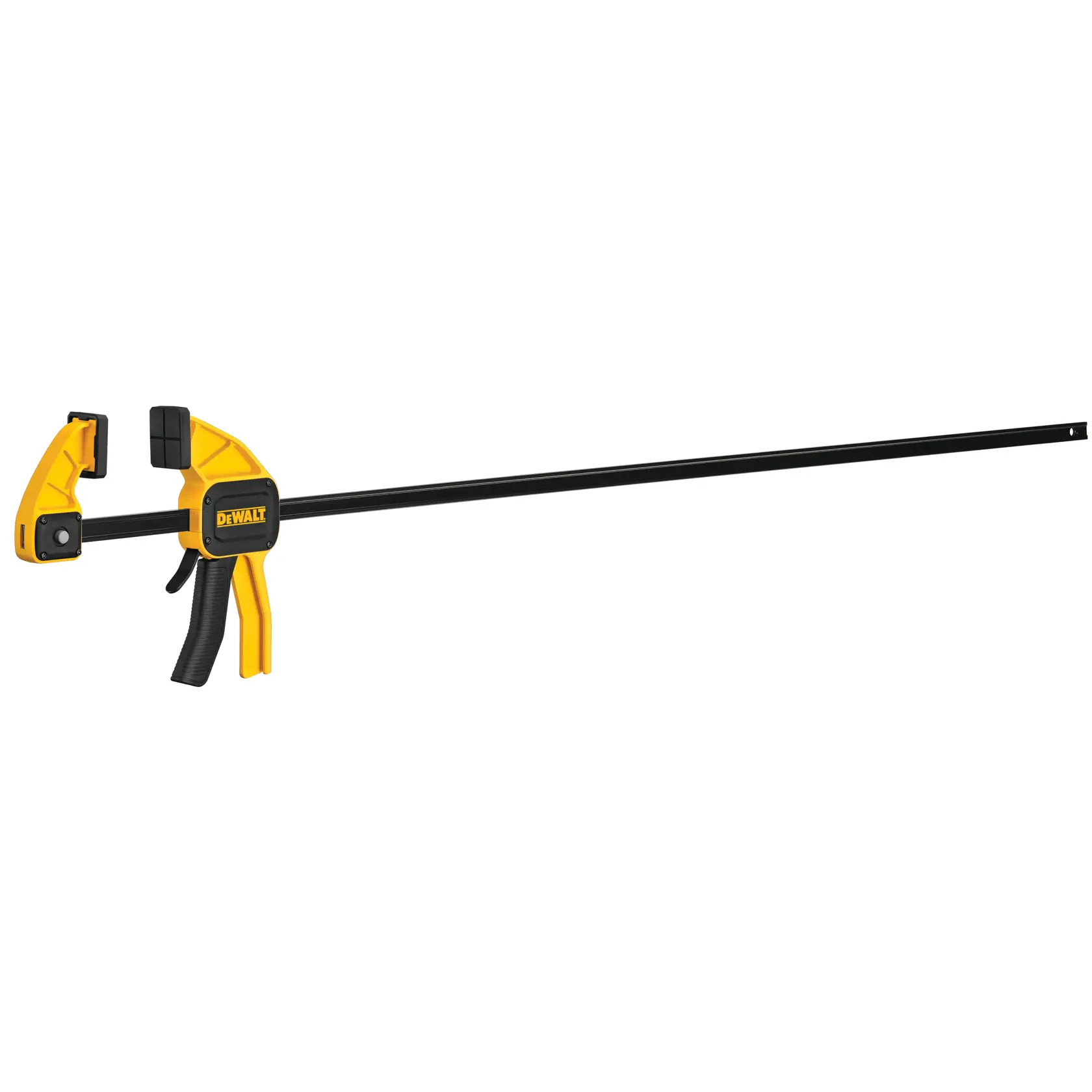 Sargento de barra DEWALT amarillo y negro con gatillo, diseñado para sujetar madera y materiales.