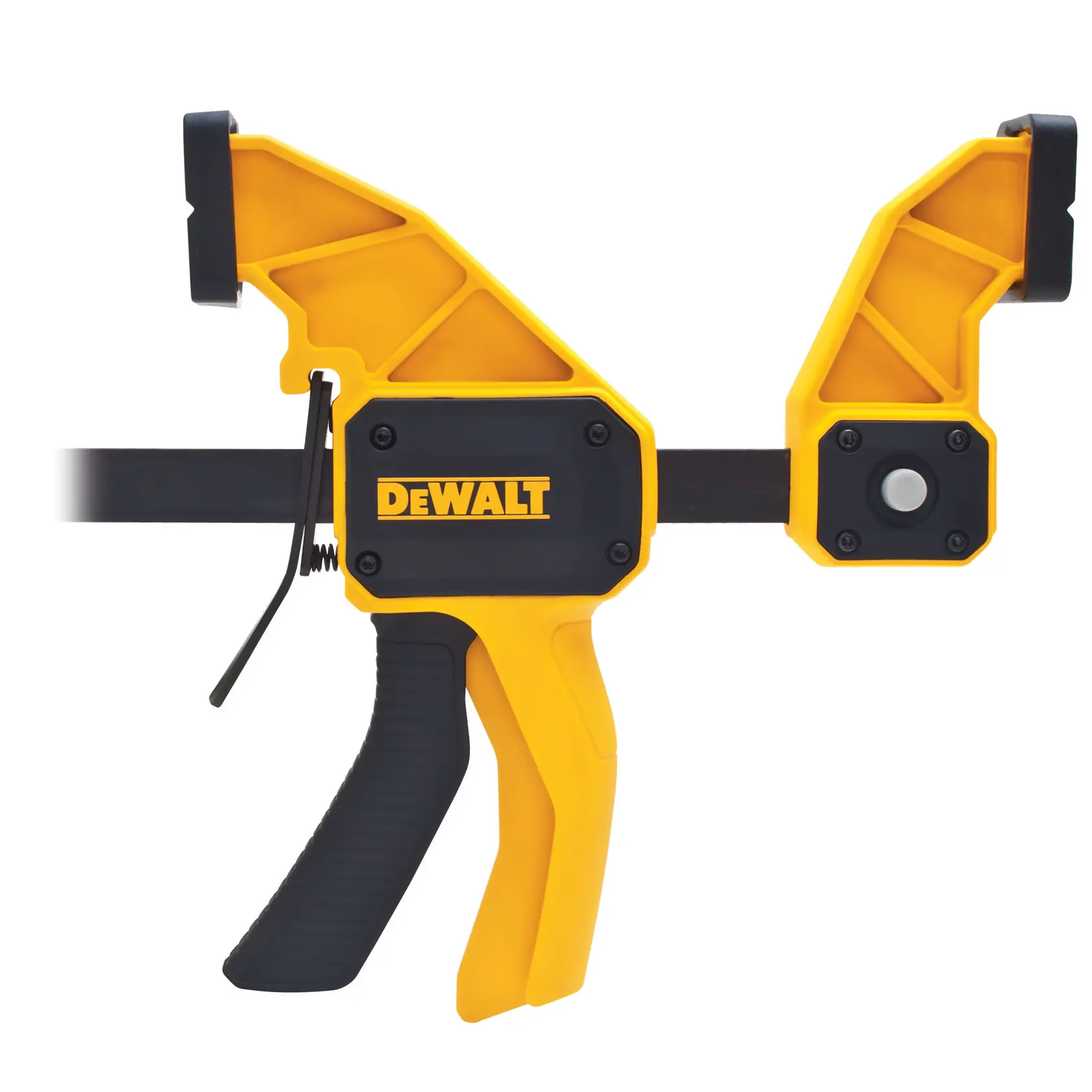 Sargento de gatillo DEWALT amarillo y negro con mango ergonómico, usado para sujetar piezas.