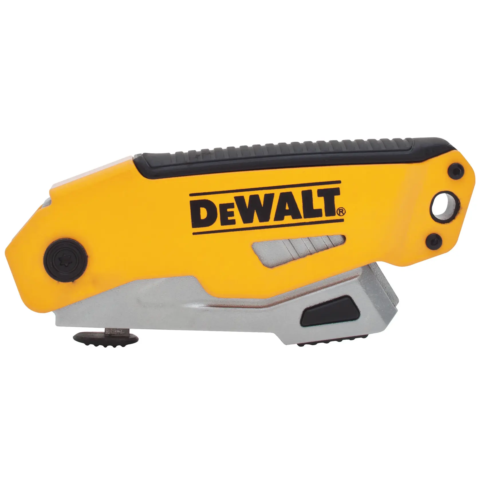 Cuchillo utilitario plegable DEWALT de color amarillo y plateado con empuñadura de goma negra y el logotipo de la marca visible en el lateral.