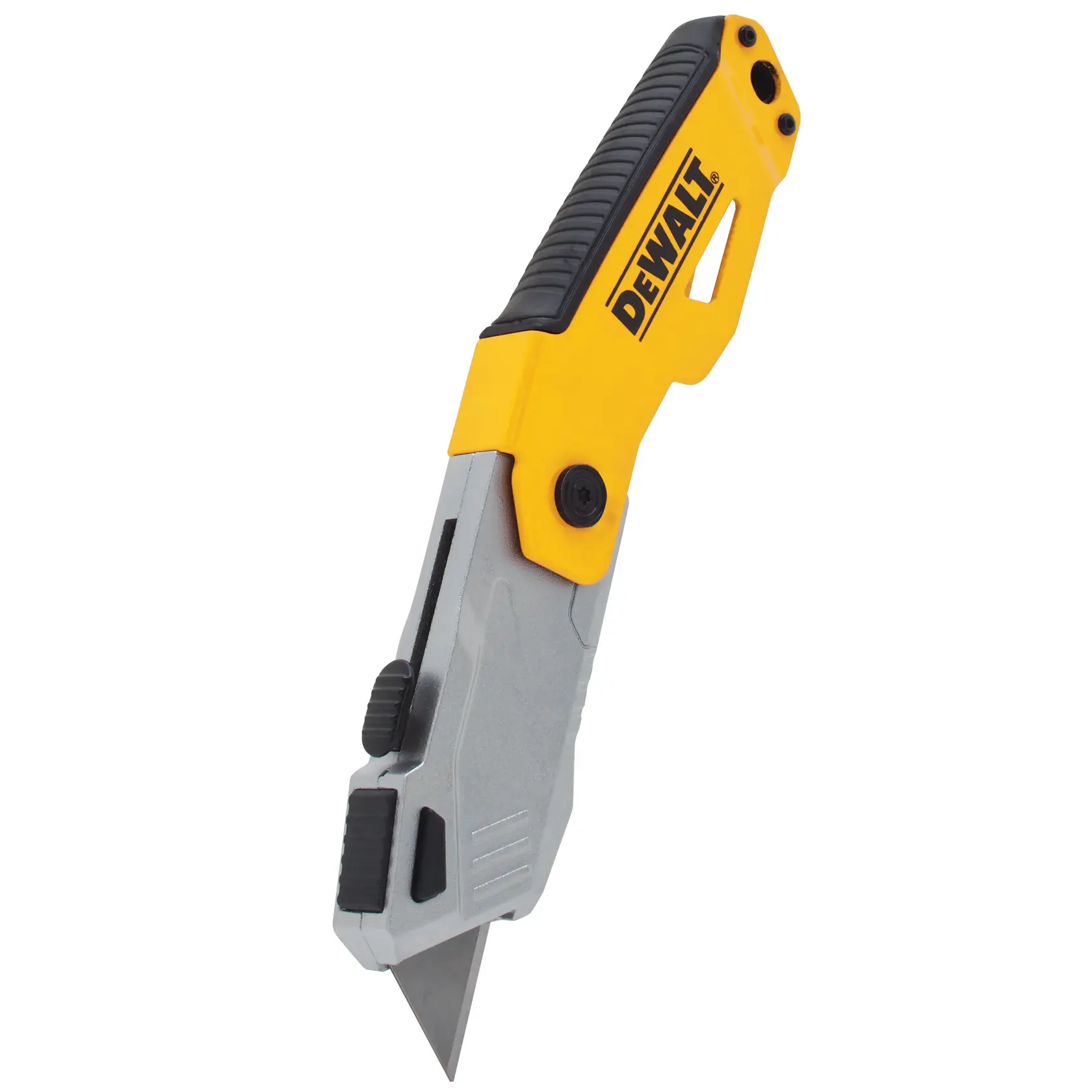 Un cuchillo utilitario plegable DEWALT con mango amarillo y gris y una hoja de metal afilada, mostrado en ángulo sobre un fondo blanco.