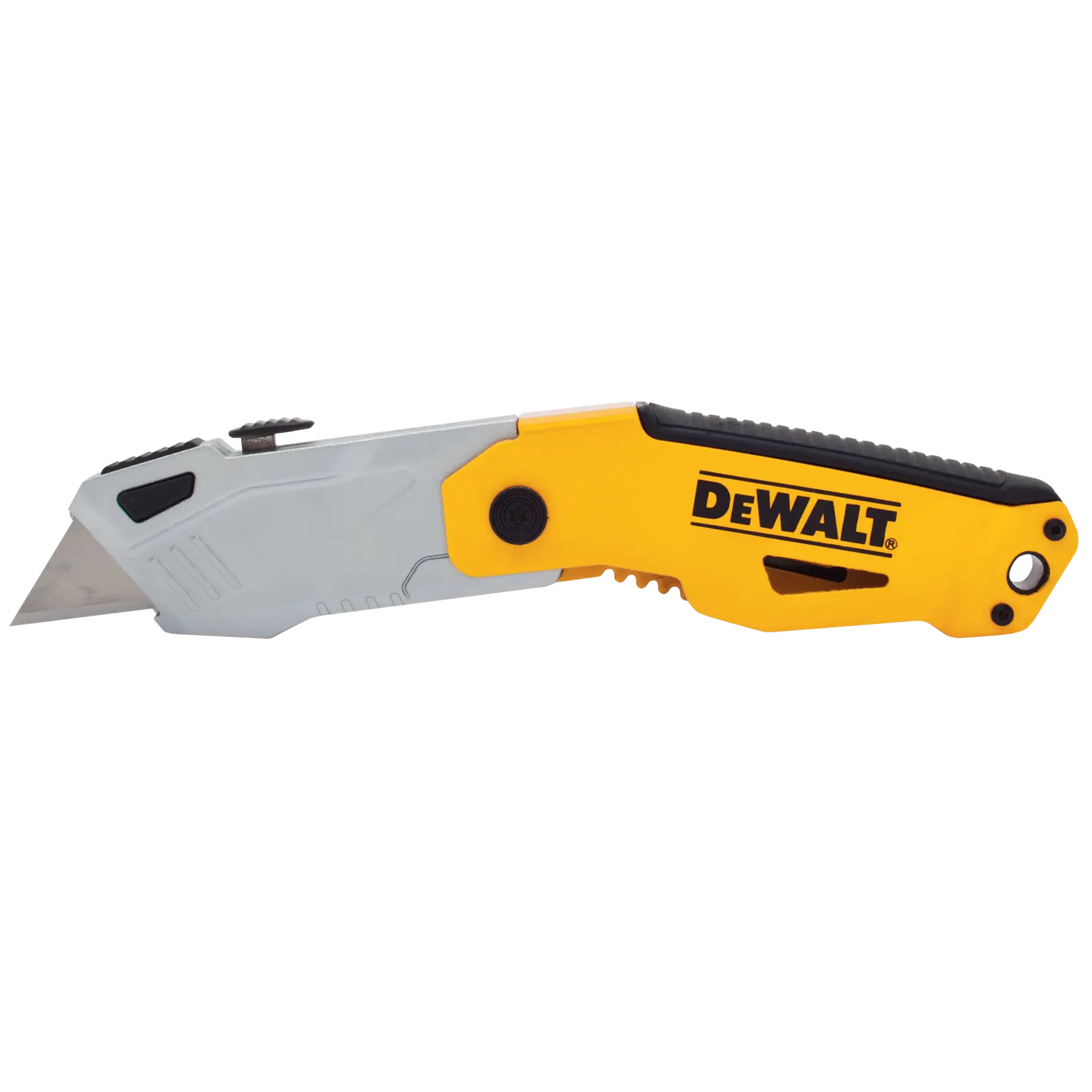 Un cuchillo plegable de uso general DEWALT con mango amarillo y negro y hoja retráctil plateada.