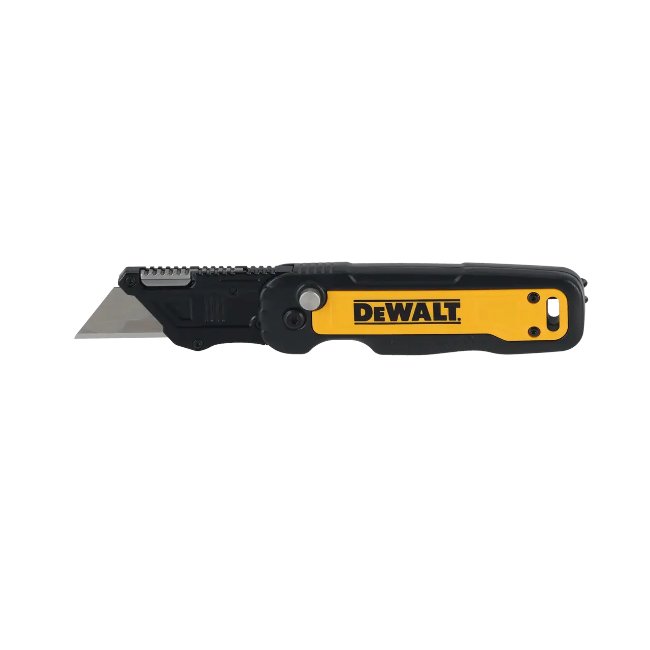 Un cuchillo plegable utilitario DEWALT con mango negro y amarillo y una hoja retráctil, mostrado de perfil sobre un fondo blanco.