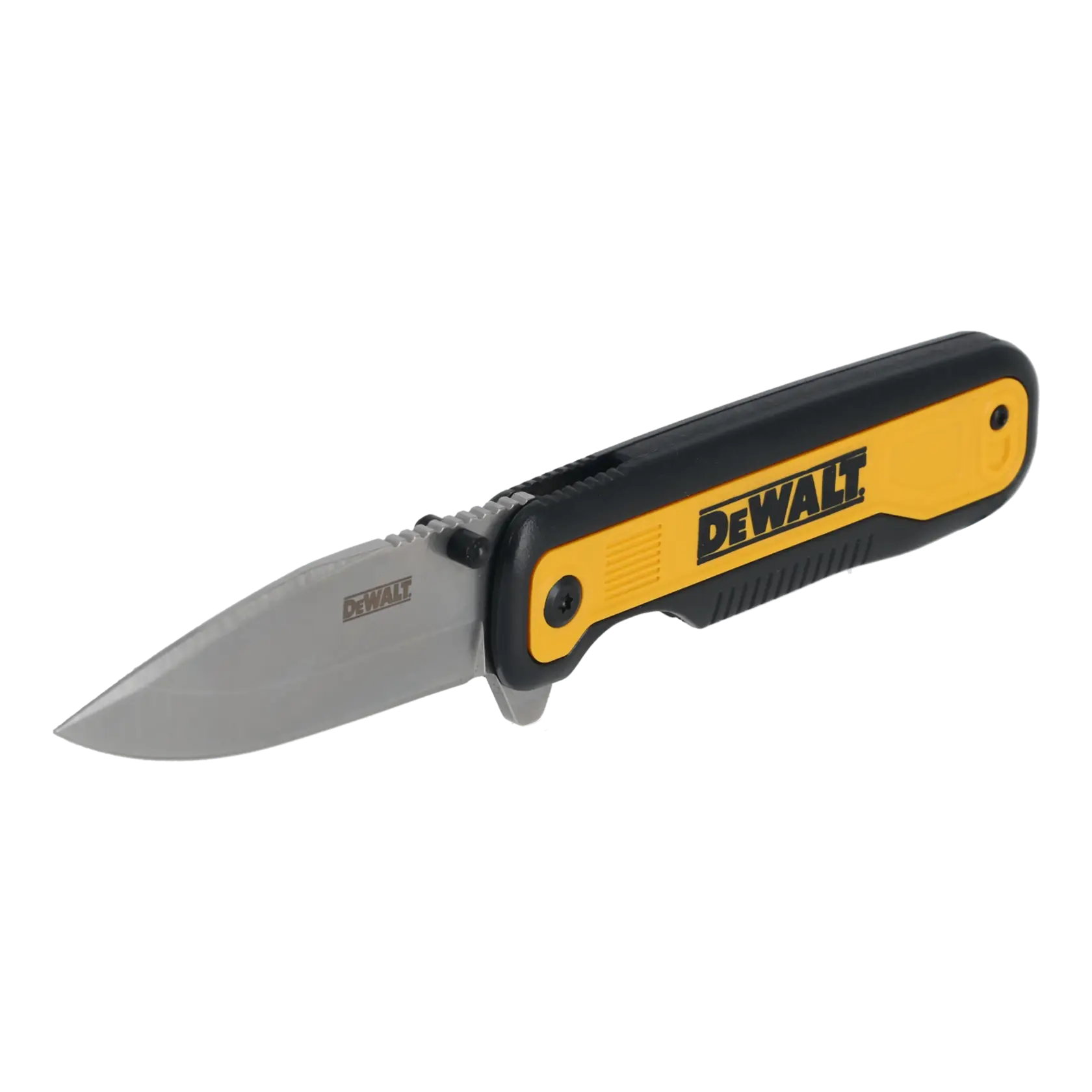 Navaja plegable DEWALT con mango amarillo y negro, parcialmente abierta, logo visible en mango y hoja.