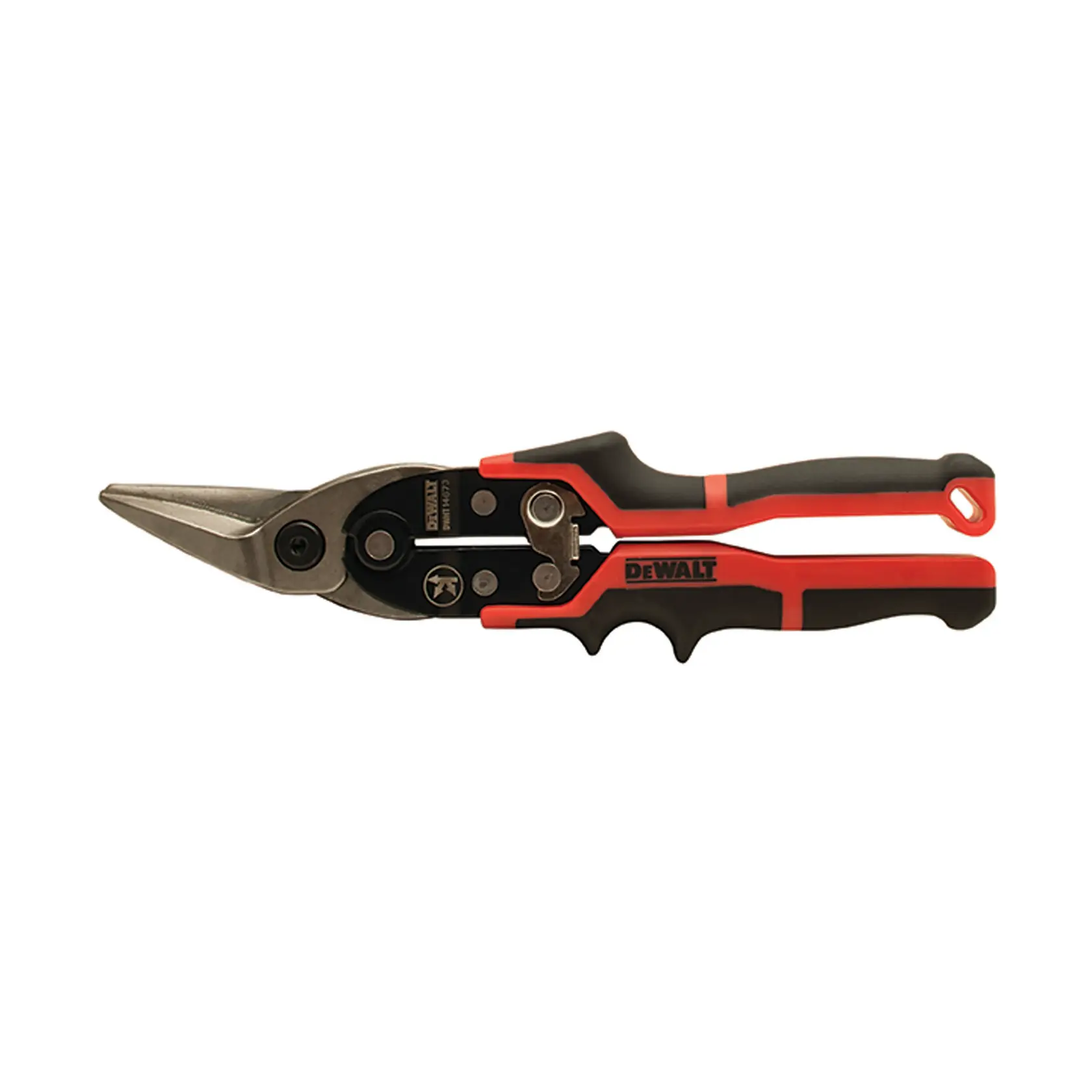 Tijeras para cortar metal DEWALT con mangos ergonómicos en negro y rojo y hojas de corte anguladas, mostradas sobre fondo blanco.
