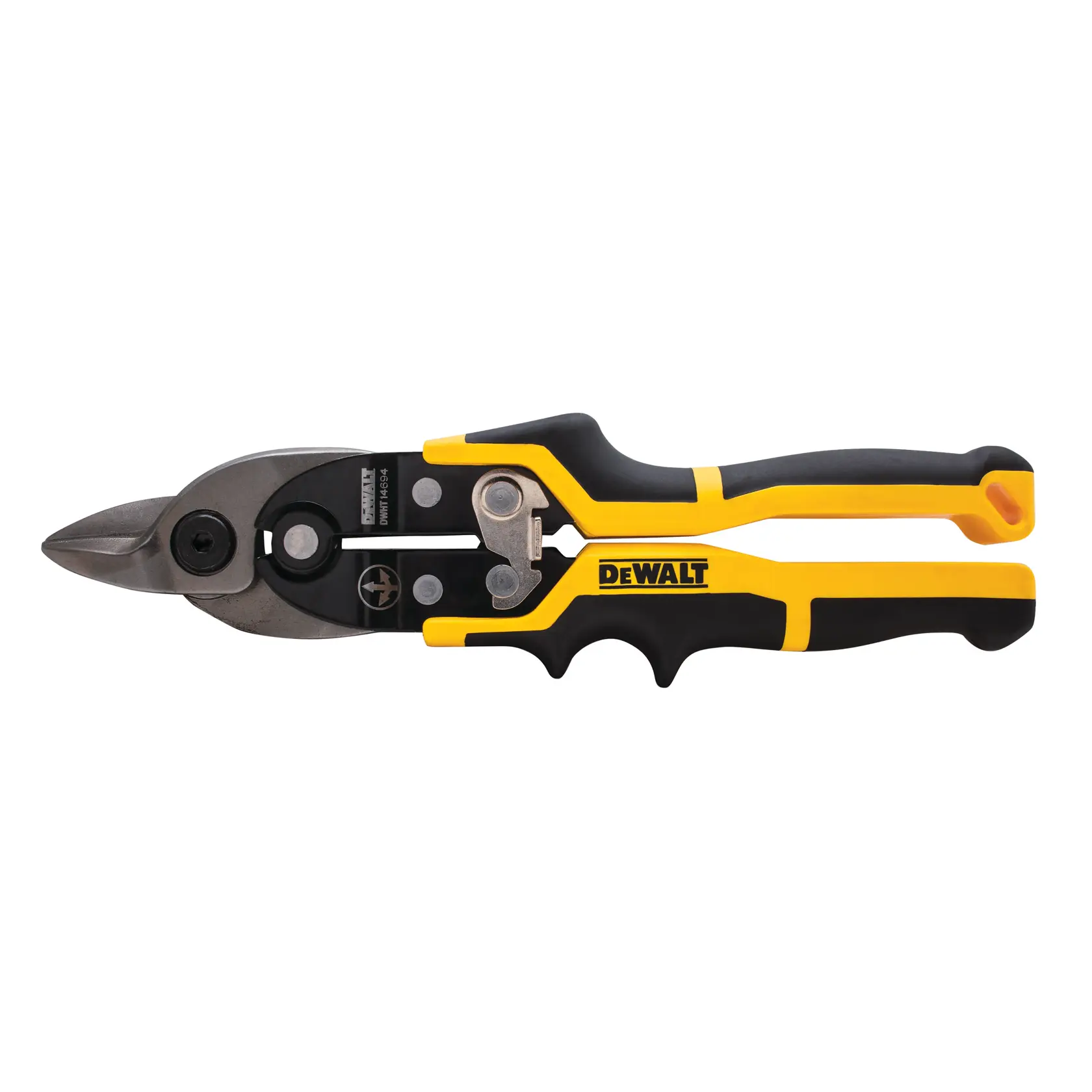 Un par de tijeras de aviación DEWALT con mangos ergonómicos negros y amarillos y una hoja de corte de metal, diseñadas para cortar láminas de metal.