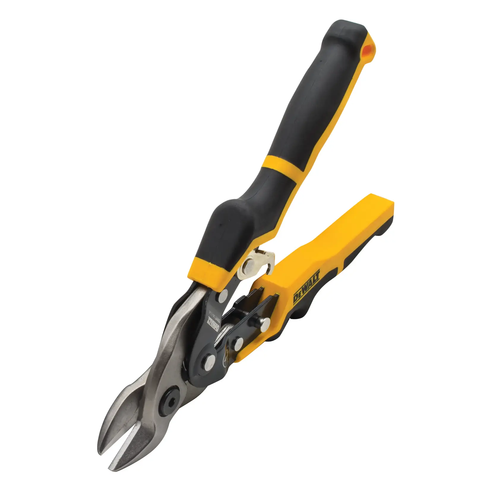 Una tijera de aviación DEWALT con mangos ergonómicos amarillos y negros, diseñada para cortar láminas de metal, mostrada sobre un fondo blanco.