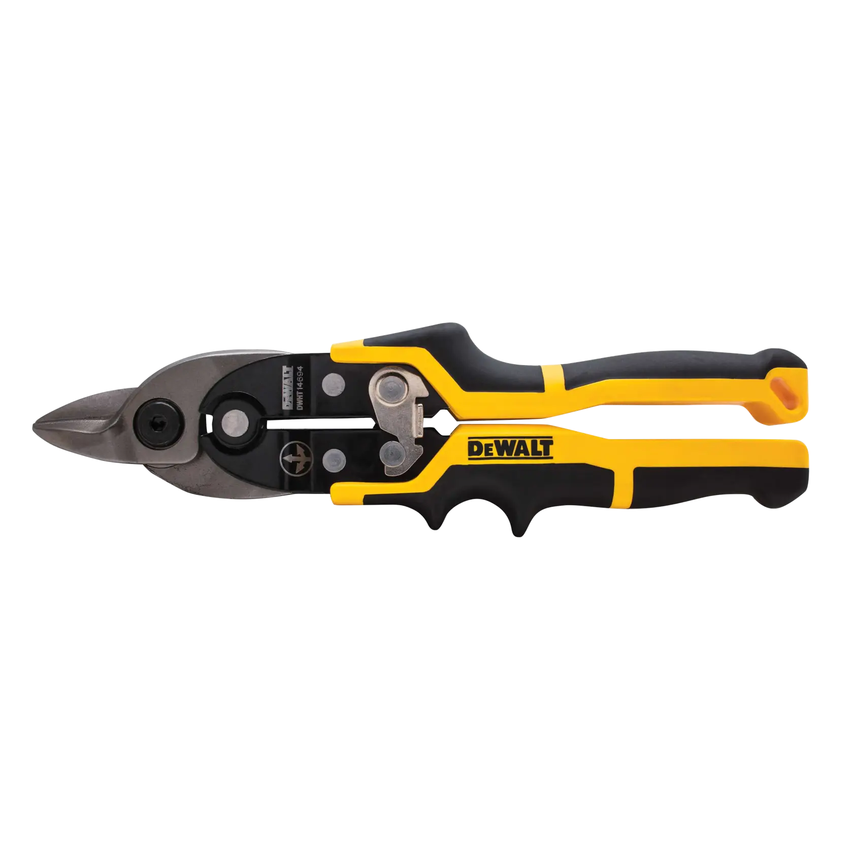 Una tijera de aviación de corte recto DEWALT con mangos ergonómicos negros y amarillos y una hoja de corte de metal.
