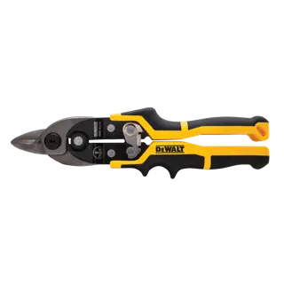 Un par de tijeras de aviación DEWALT con mangos ergonómicos negros y amarillos y una hoja de corte de metal, diseñadas para cortar láminas de metal.