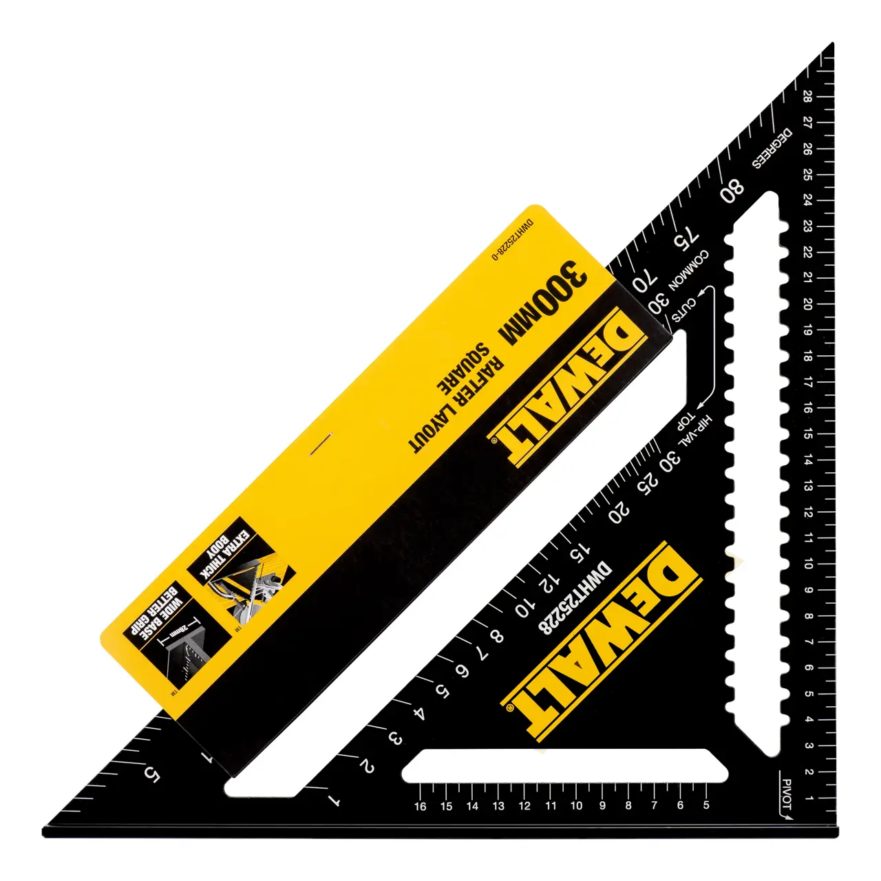 Escuadra para techos DEWALT de 300 mm, modelo DWHT25228-0, con cuerpo negro y logotipo amarillo, utilizada para medir y marcar ángulos en construcción y carpintería.