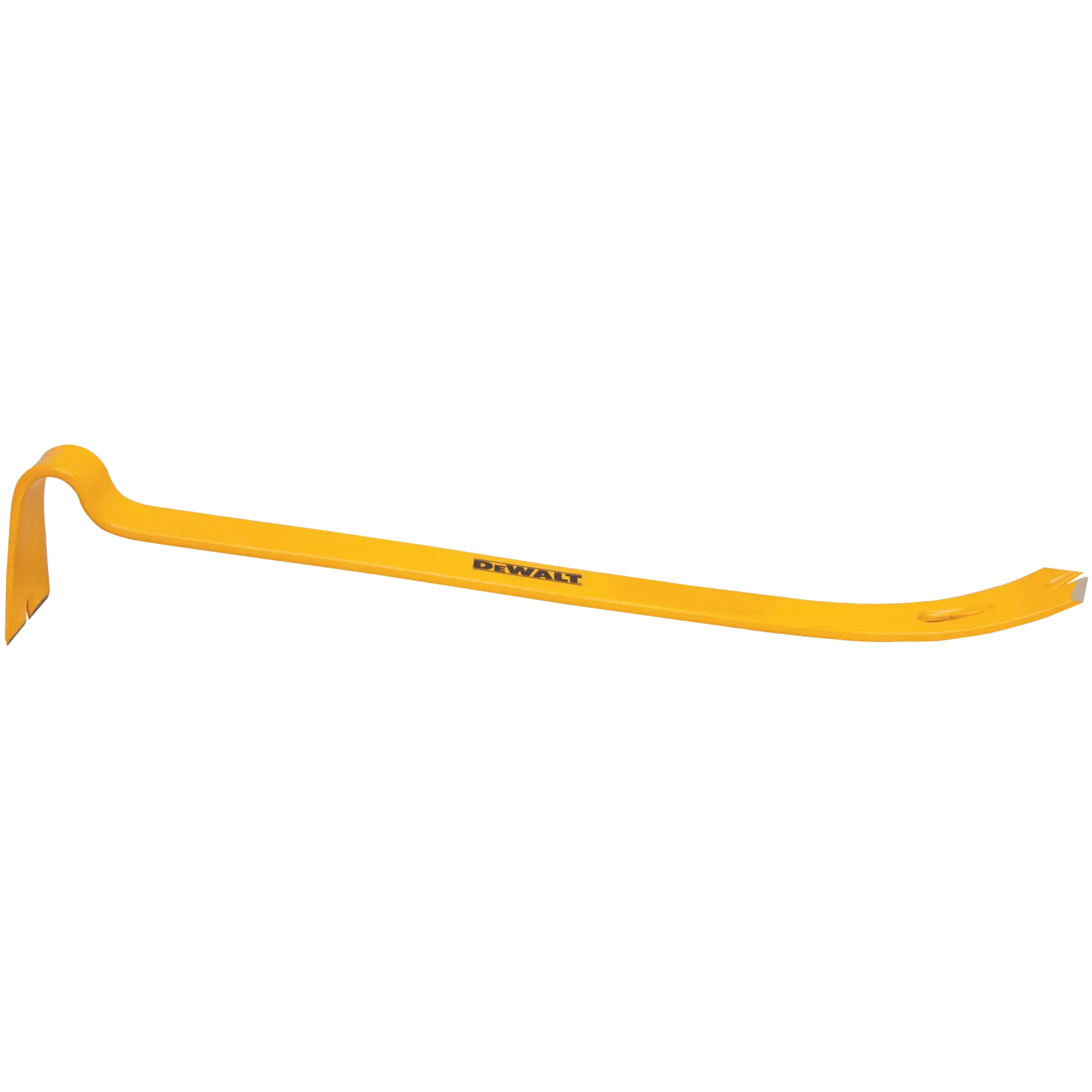 Una barra de palanca amarilla de la marca DEWALT con un extremo curvado y una garra plana, diseñada para tareas de demolición y palanca.