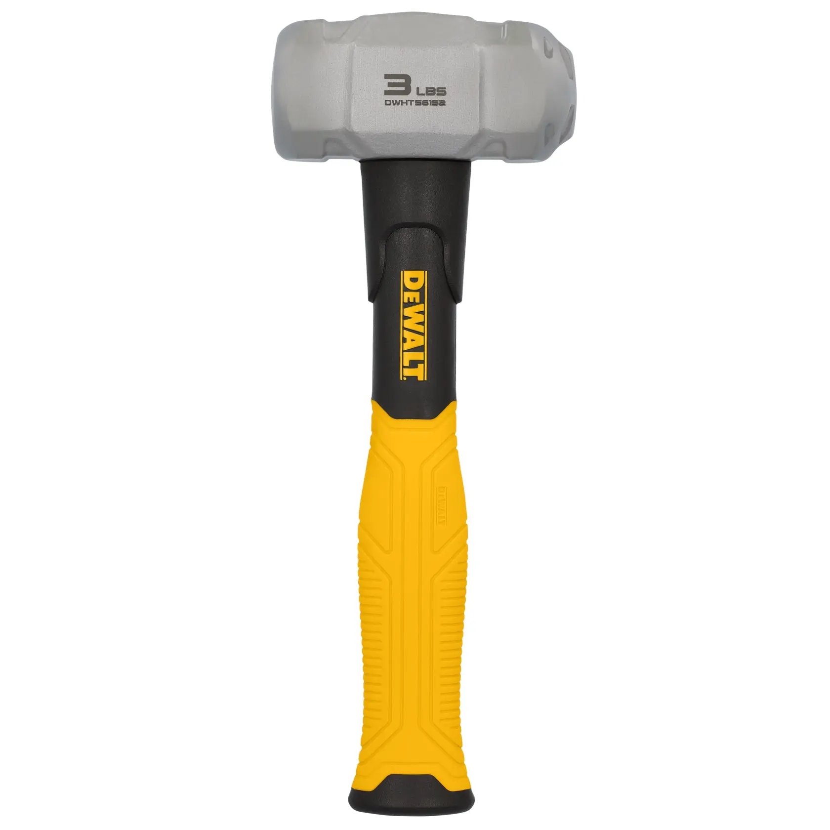 Martillo DEWALT de 3 lb con mango amarillo y negro, mostrado vertical sobre fondo blanco.