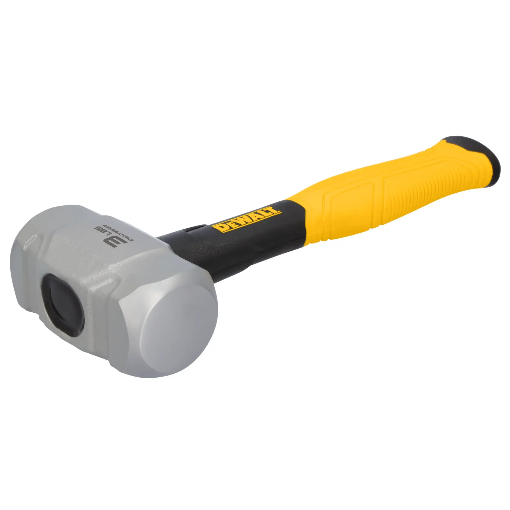 Mazo DEWALT con mango amarillo y negro, cabeza de metal, mostrado sobre fondo blanco.