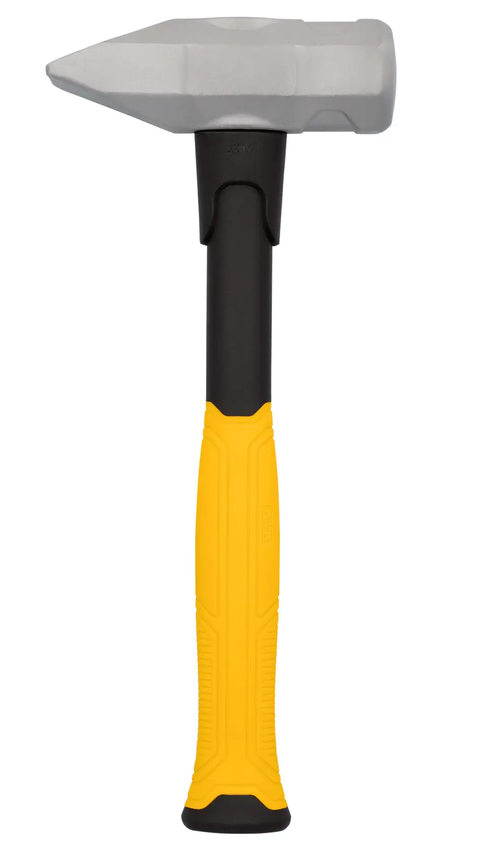 Maza DEWALT con mango amarillo y cabeza de acero, adecuada para labores de construcción pesadas.