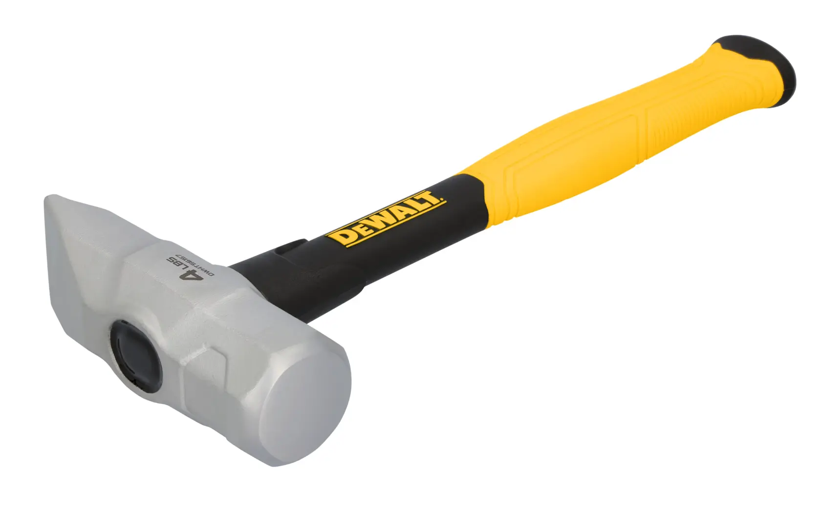 Martillo DEWALT con mango amarillo y cabeza metálica, mostrado sobre fondo blanco.