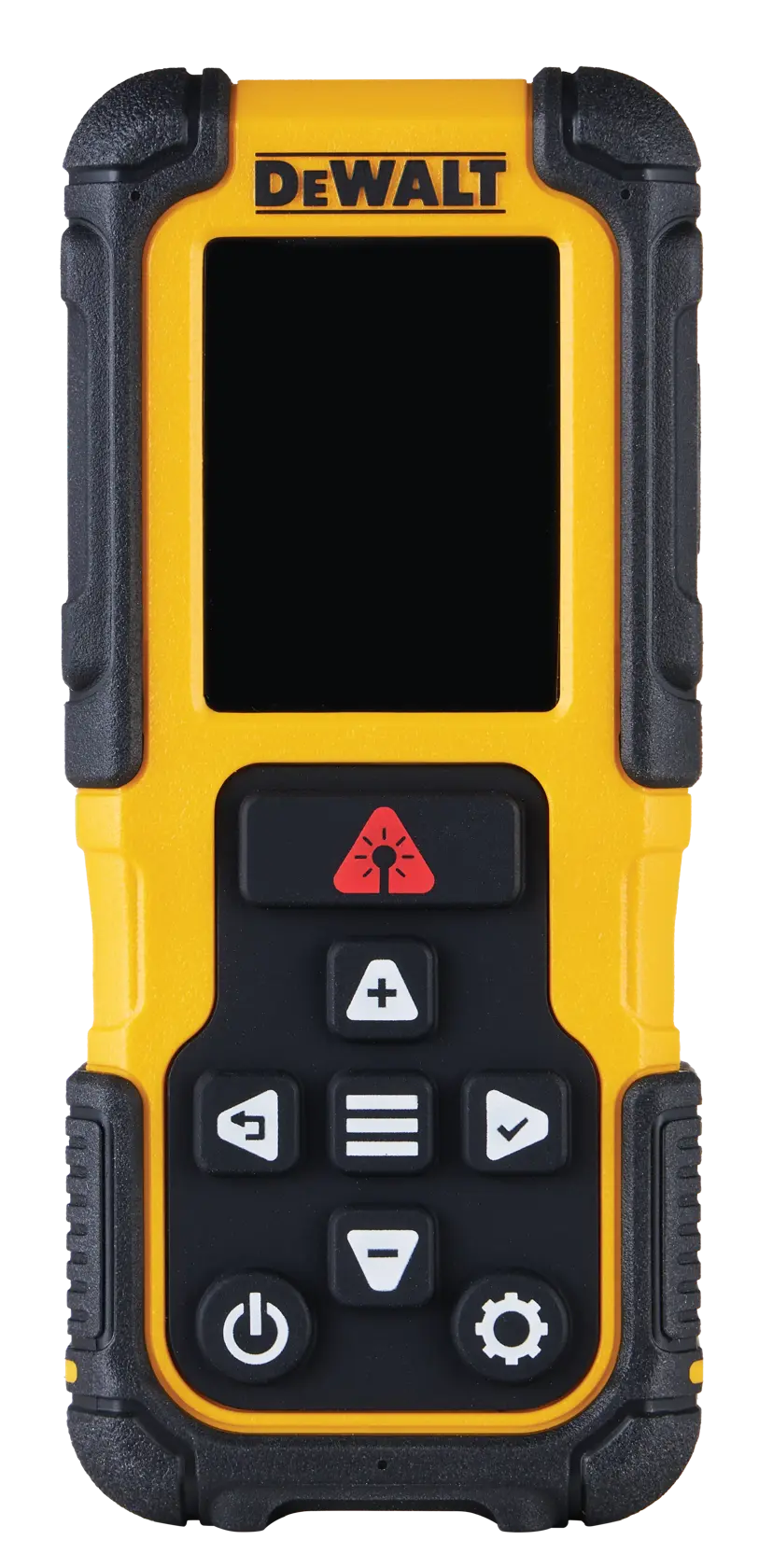 Un medidor de distancia láser portátil DEWALT con exterior amarillo y negro resistente, con una pantalla y varios botones de control debajo.