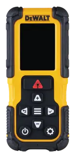 Un medidor de distancia láser portátil DEWALT con exterior amarillo y negro resistente, con una pantalla y varios botones de control debajo.