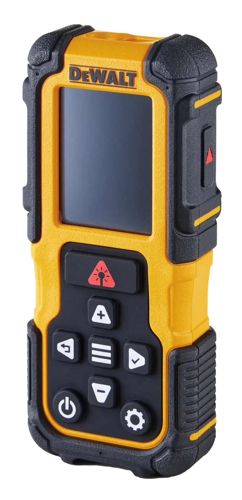 Dispositivo electrónico portátil amarillo y negro de DEWALT con una pantalla y varios botones. El dispositivo es robusto y parece estar diseñado para uso profesional, probablemente un medidor láser de distancia o herramienta de medición digital.