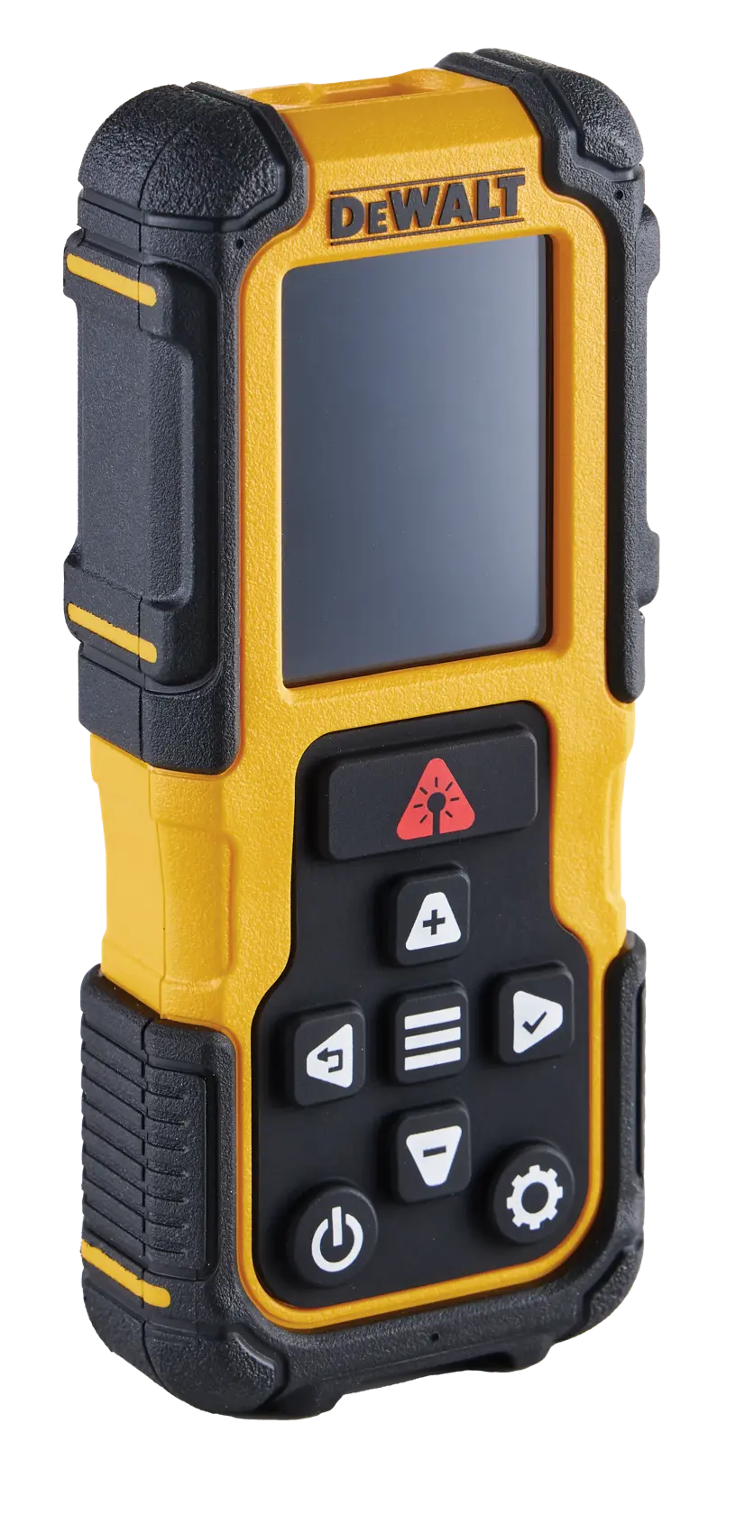Dispositivo electrónico portátil DEWALT con una carcasa resistente negra y amarilla, pantalla y varios botones, incluyendo símbolos de encendido y función.