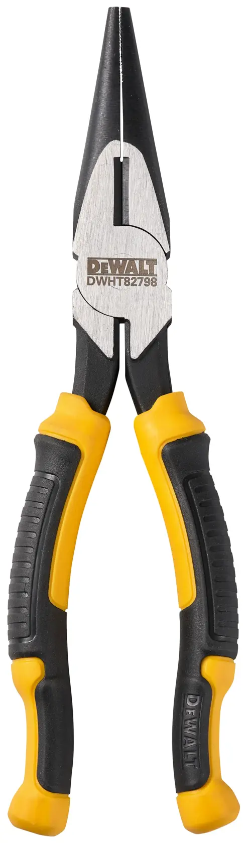 Unas alicates de punta larga DEWALT con mangos negros y amarillos, SKU DWHT82798-0, mostradas sobre un fondo blanco.