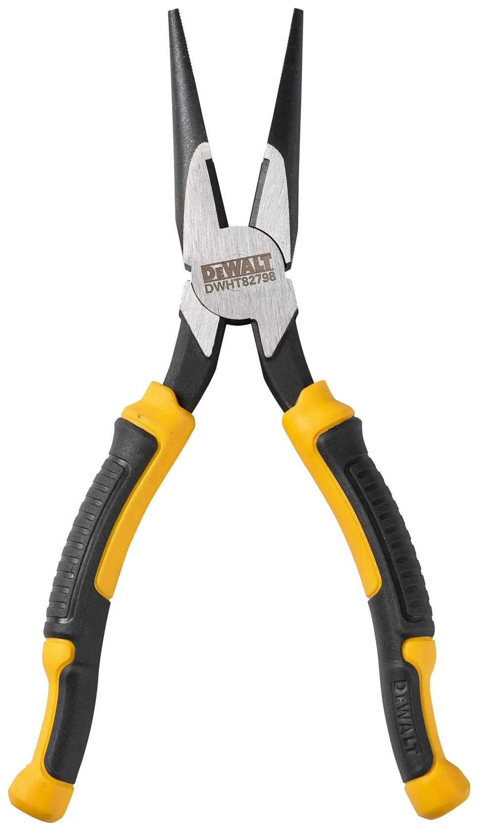 Alicate de punta larga DEWALT con mangos ergonómicos negros y amarillos, SKU DWHT82798-0, mostrado sobre fondo blanco.