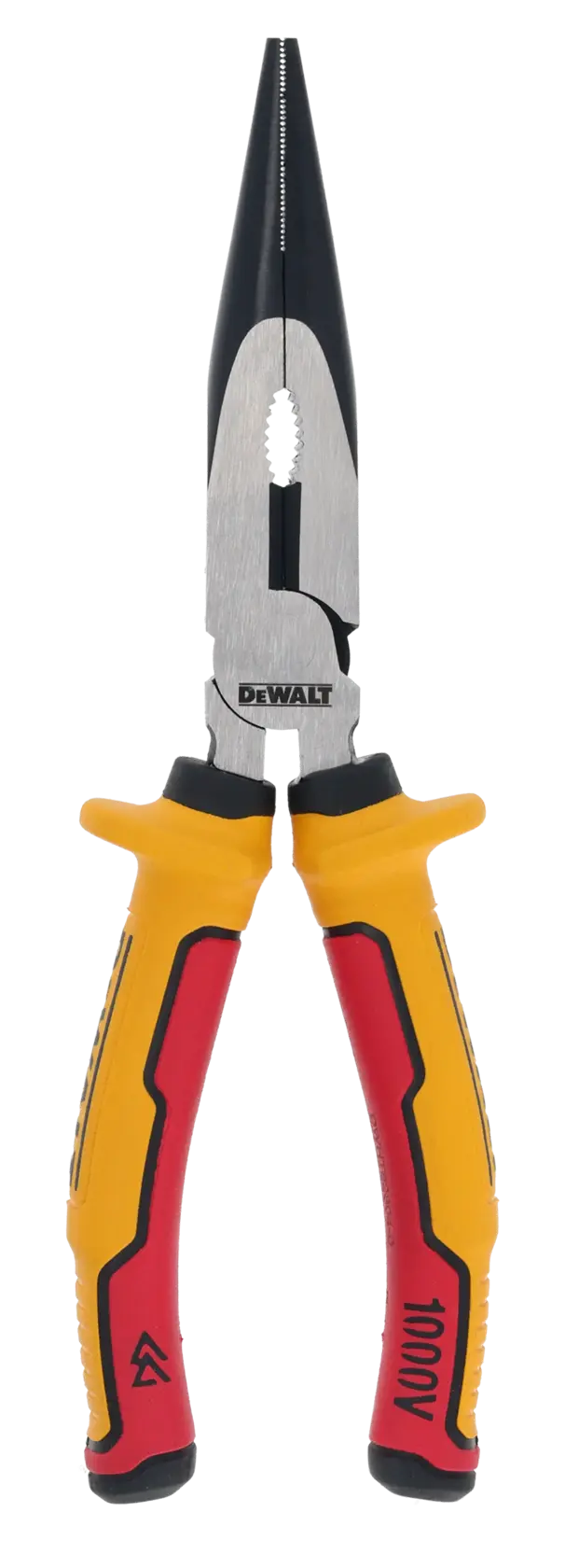 Alicates de punta larga DEWALT con mangos aislados amarillos y rojos, para sujetar y cortar.