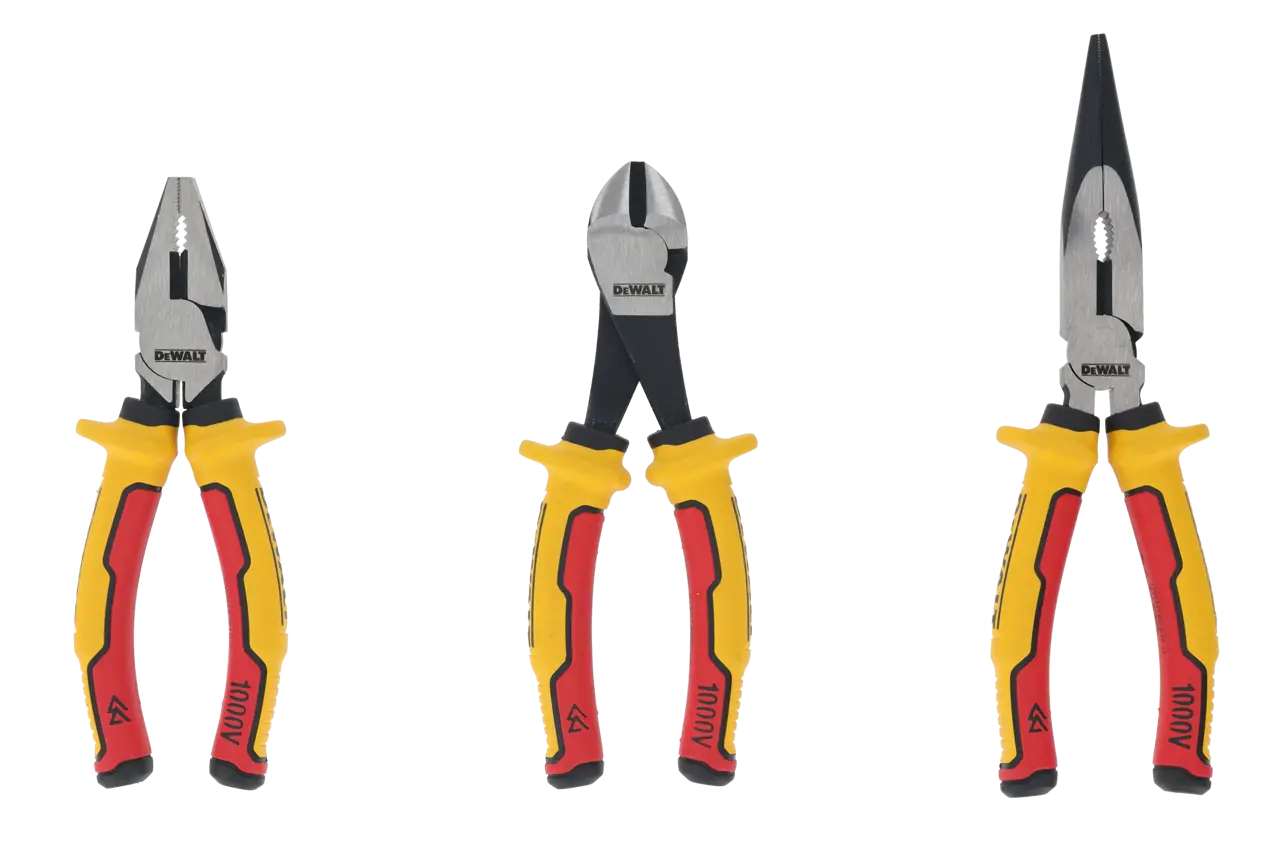 DeWalt Set 3 alicates VDE: Diagonal 160mm, Bocas largas 200mm, Universal 160mm · DWHT82811-0