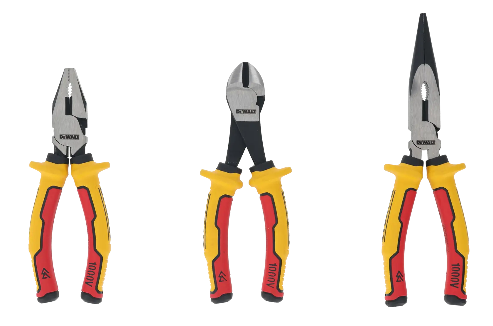 Tres alicates DEWALT con mangos amarillos y rojos se muestran juntos sobre fondo blanco.