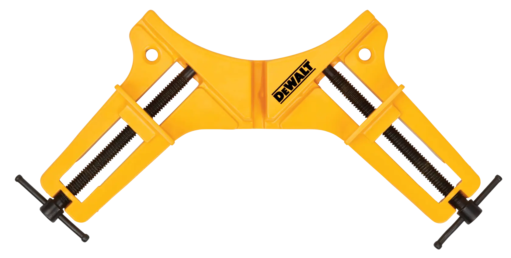 Una mordaza de esquina amarilla DEWALT diseñada para carpintería y para sujetar piezas juntas en un ángulo de 90 grados. La mordaza cuenta con dos mecanismos de tornillo para un ajuste seguro y regulable.