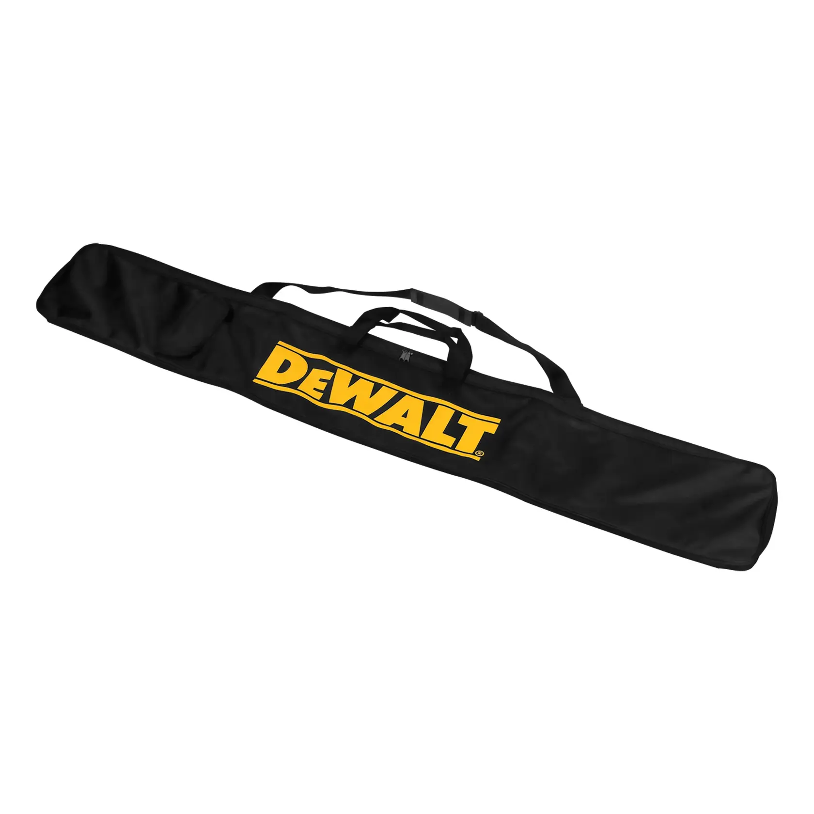 Foto de bolsa negra DEWALT, logo amarillo, para DWS5025-XJ, DWS5025, vista superior, equipo de fotografía.