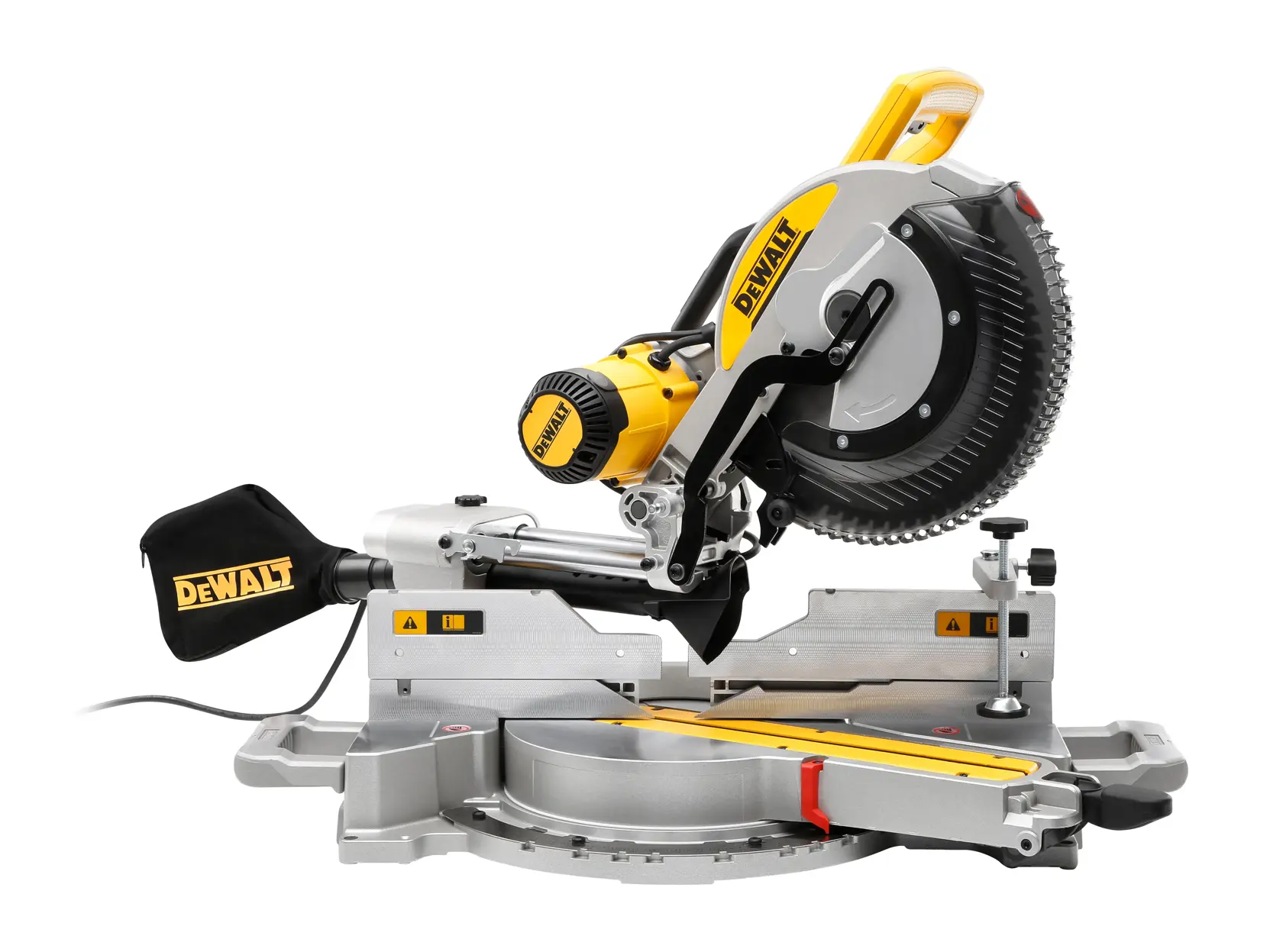 Une scie à onglet radiale DEWALT DWS780 avec un design jaune et noir, comprenant une lame circulaire, un guide réglable et un sac de récupération de poussière.