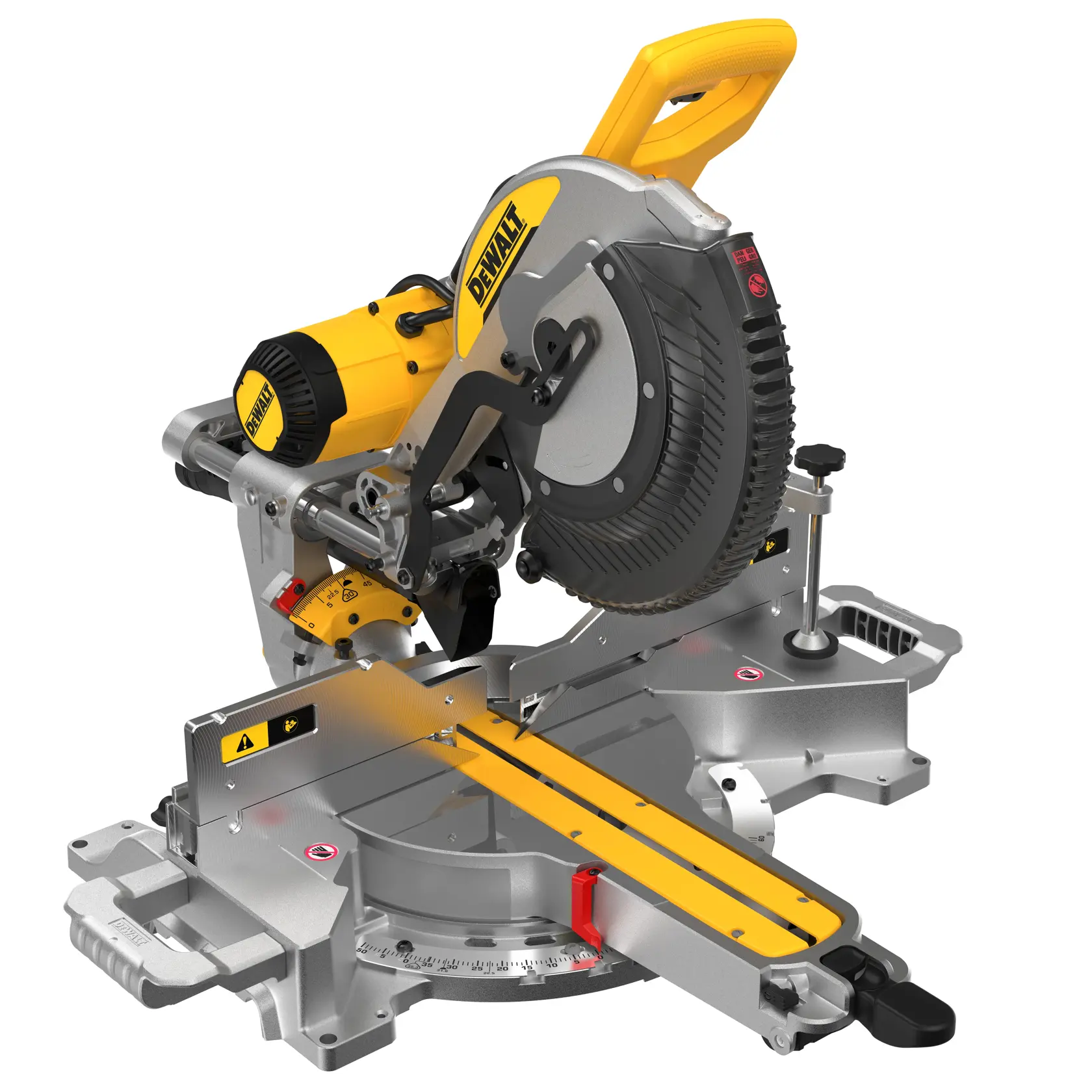 A DEWALT DWS780 sliding compound miter saw with a yellow and black design, featuring a circular saw blade, adjustable fence, and dust collection bag.